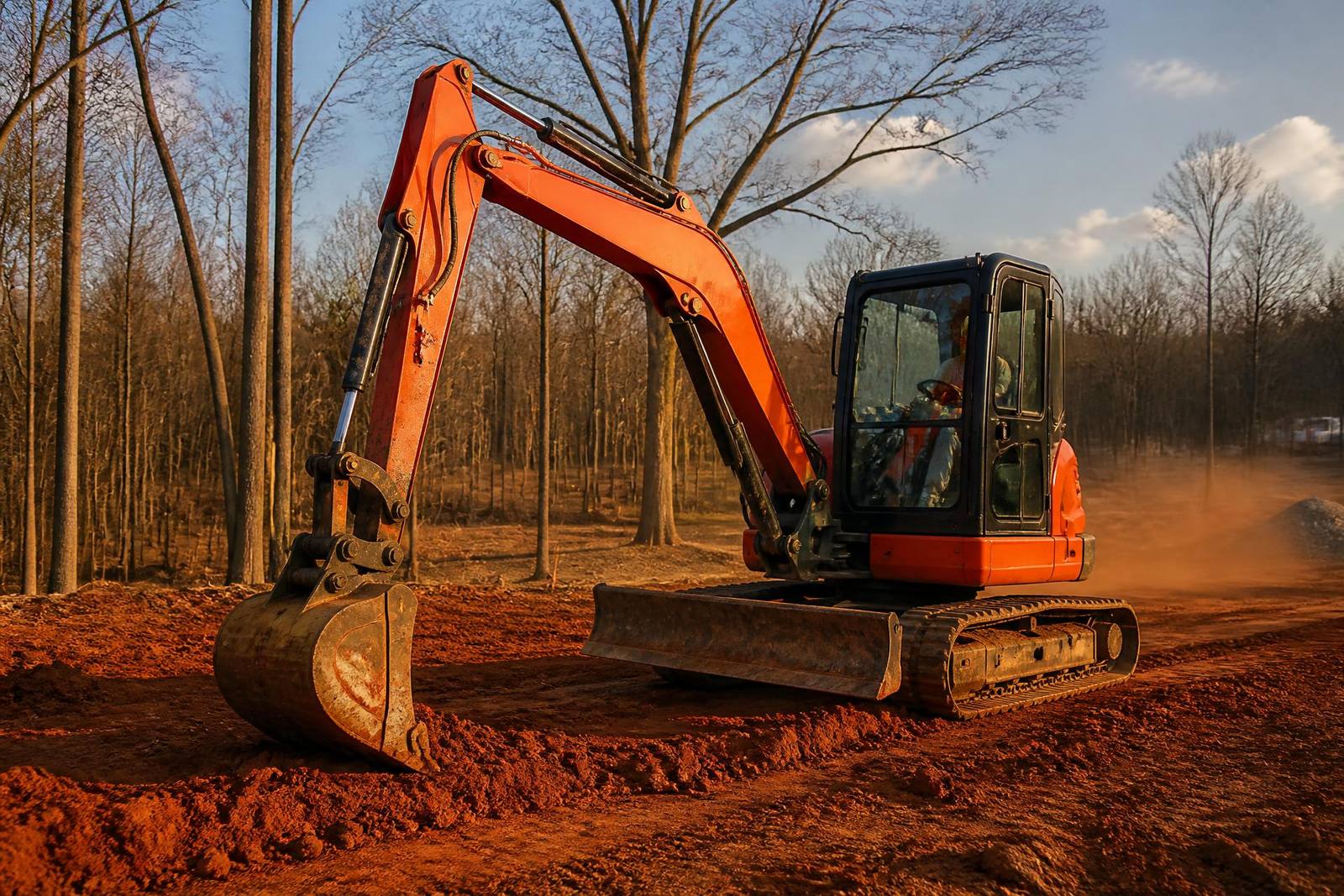 Compact excavator grading red clay soil at a rural McDowell County jobsite